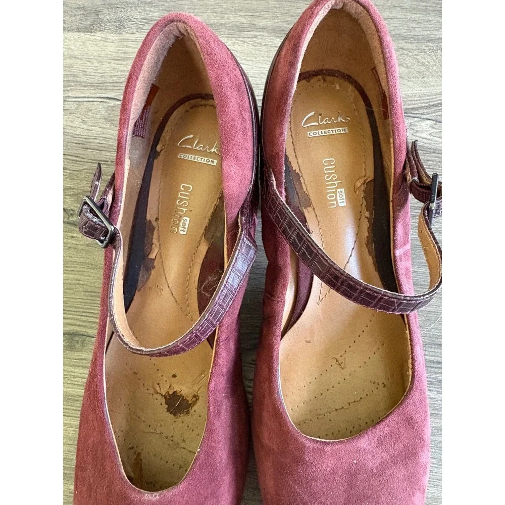 RARE Clarks Collection Burgundy‎ Suede Leather Mary Jane Block Heel Shoes Size 8 - Picture 8 of 9